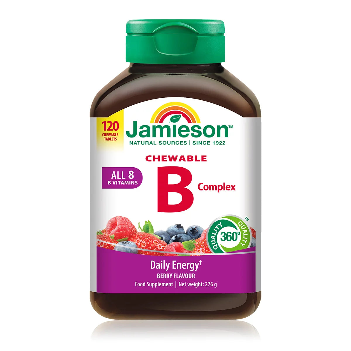 Front image: Jamieson Chewable B Complex tablets berry flavour bottle 120 count