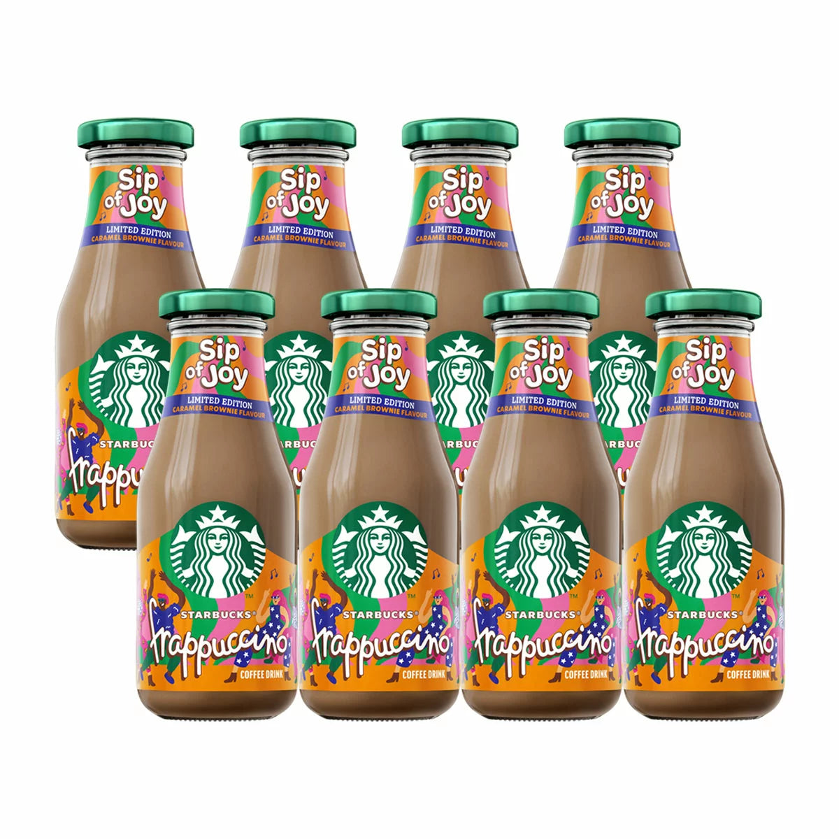 Front image: Starbucks Sip of Joy caramel brownie iced coffee bottles 8 x 250ml multipack