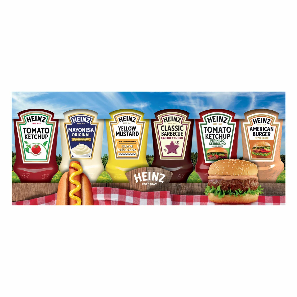 Heinz Picnic Selection Condiment Pack squeeze bottle multipack assorted sauces 6 x 220ml front packaging image