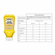 Heinz Yellow Mustard 220ml squeeze bottle presented with ingredient declaration and nutrition facts panel for 1 x 220ml yellow mustard condiment bottle.
