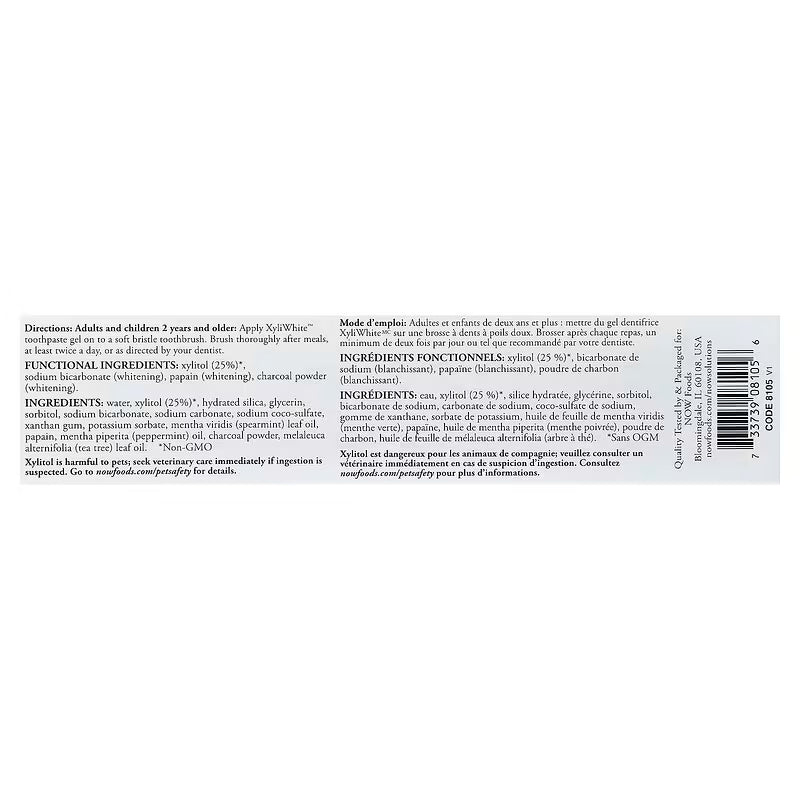 Barcode and product label for NOW Solutions Toothpaste 181g.