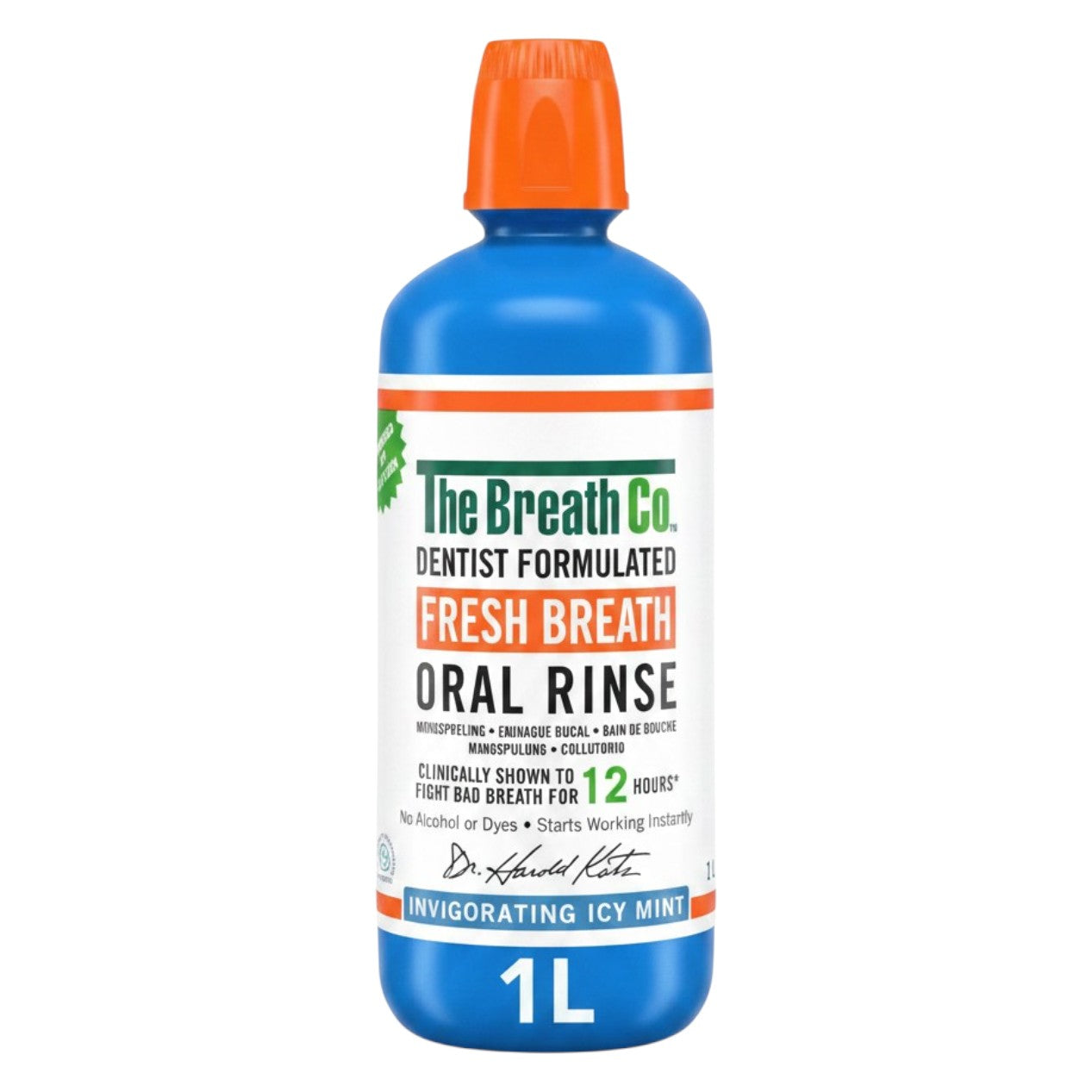 The Breath Co Fresh Breath Oral Rinse Invigorating Icy Mint mouthwash bottle 1L