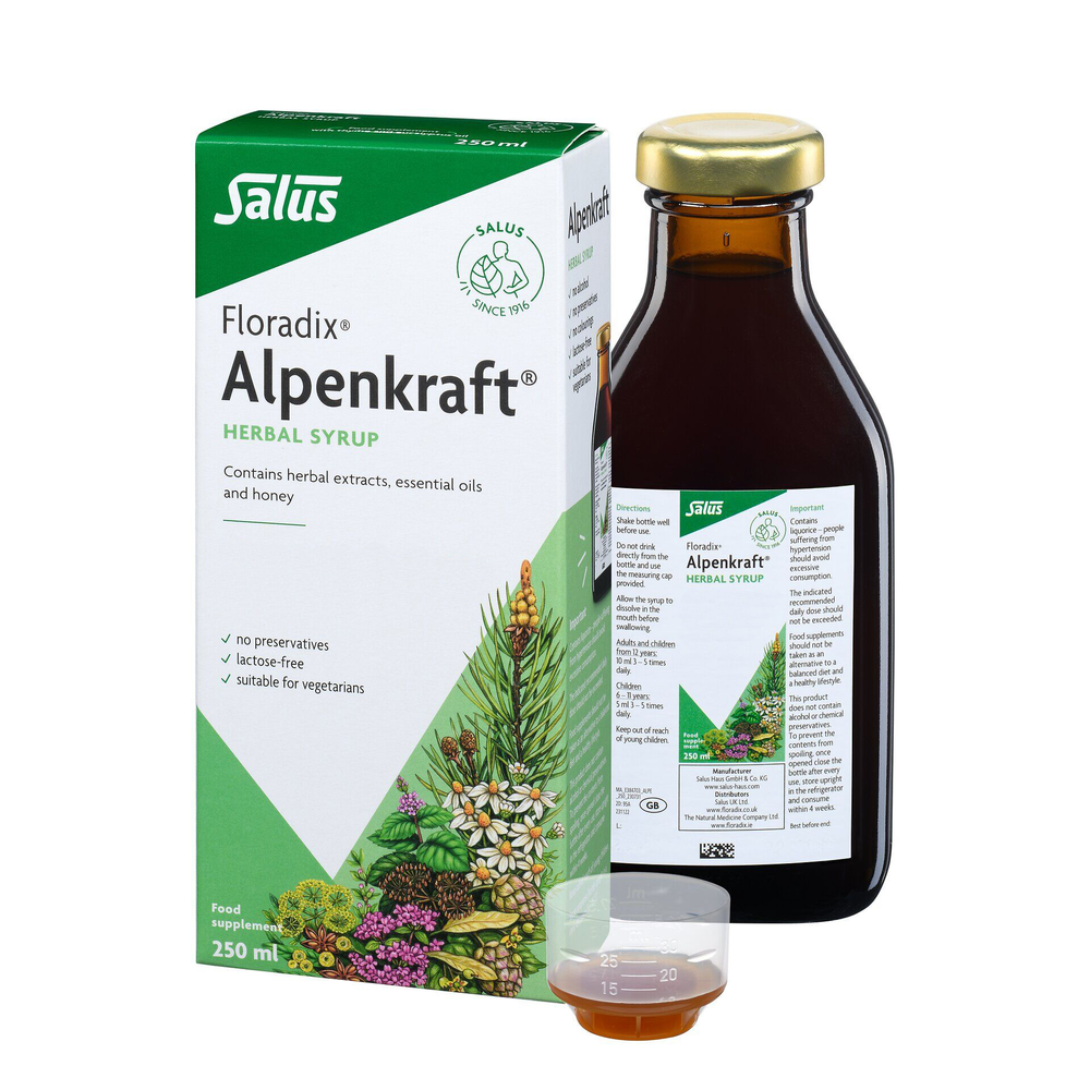 Floradix Alpenkraft Herbal Syrup bottle, box & dosage with honey & thyme, 250ml.