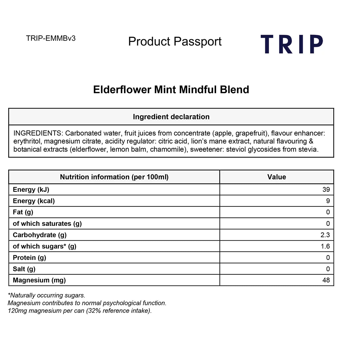 TRIP Mindful Blends Summer Mixed Pack 12 x 250ml cans Elderflower Mint ingredients and nutrition information