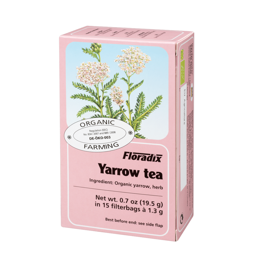 Floradix Yarrow Herbal Tea box showing 15 organic teabags.