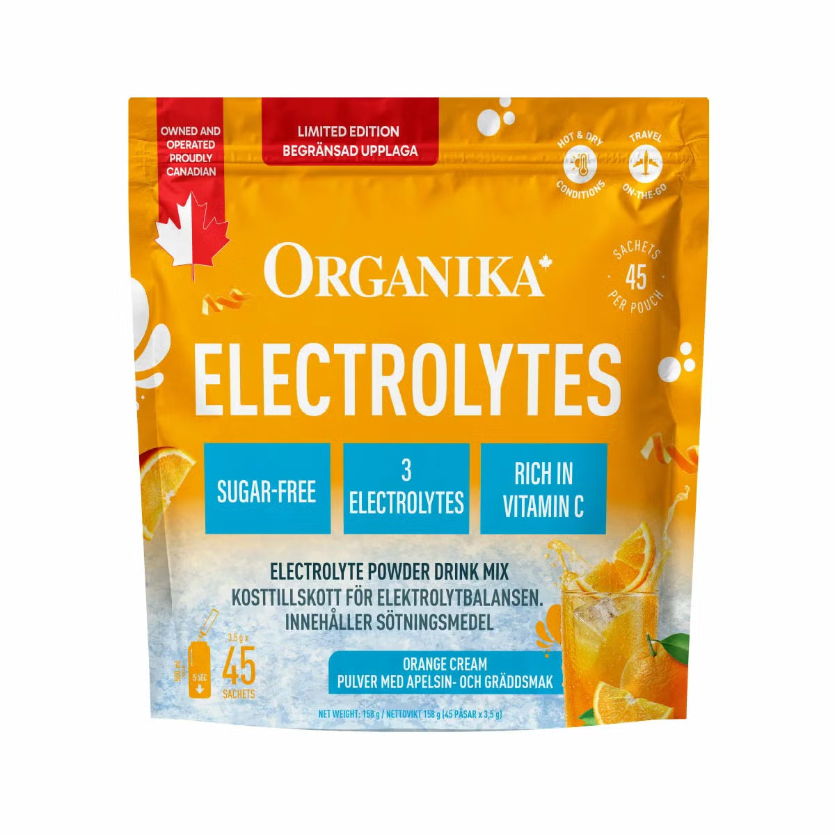 Organika Electrolytes Orange Cream drink mix 45 sachets 158g pouch