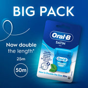 Oral-B Satin Tape Waxed Mint Dental Floss 2 x 50m big packaging showing both floss dispensers