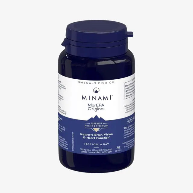 Minami MorEPA Original high-strength omega-3 fish oil softgels bottle, 60 count.