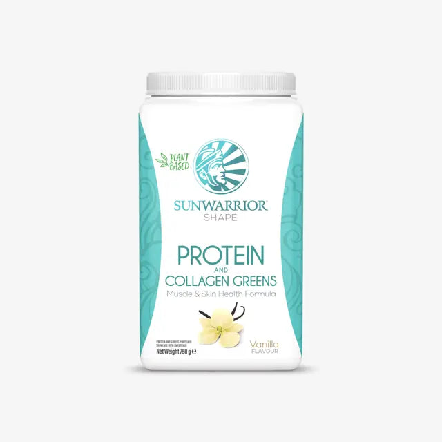 Sunwarrior protein and collagen greens powder container on a white background