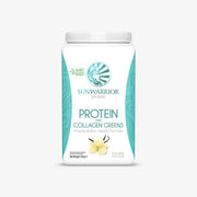 Sunwarrior protein and collagen greens powder container on a white background