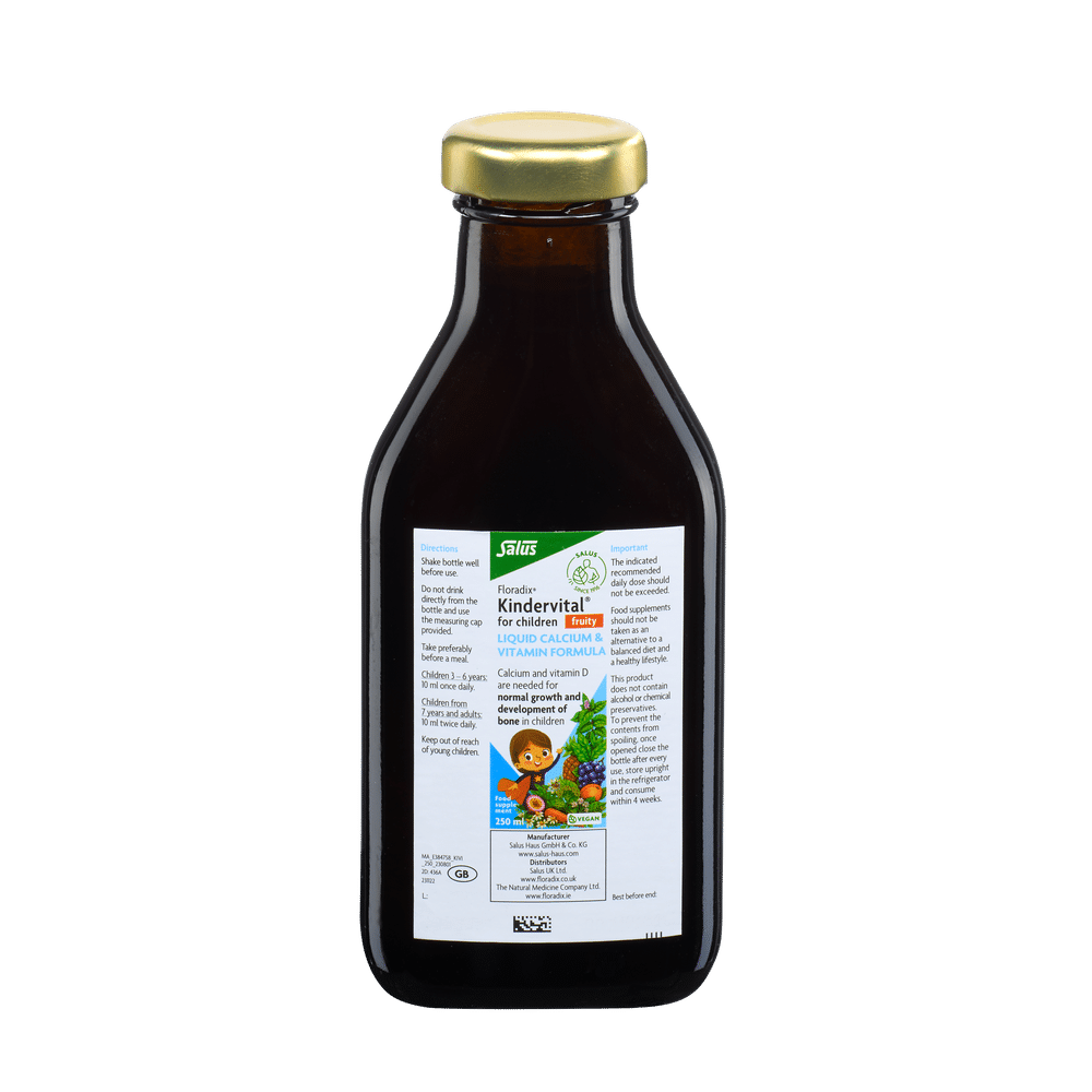 Floradix Kindervital Fruity Children's Liquid Vitamins bottle, 250ml.