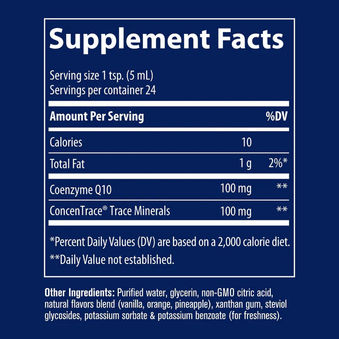 Supplement facts label with Coenzyme Q10 and Concentrace Trace Minerals on a blue background