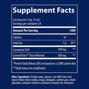 Supplement facts label with Coenzyme Q10 and Concentrace Trace Minerals on a blue background
