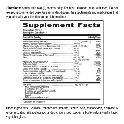 Supplement facts panel and warnings for Maxi-Hair.