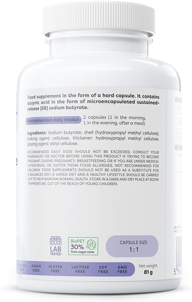 Osavi Sodium Butyrate SR 960mg vegan capsules supplement facts ingredients label bottle 120 capsules