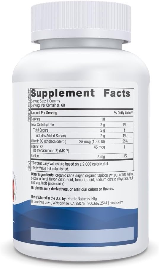 Supplement facts label for Nordic Naturals D3 + K2 Gummies.