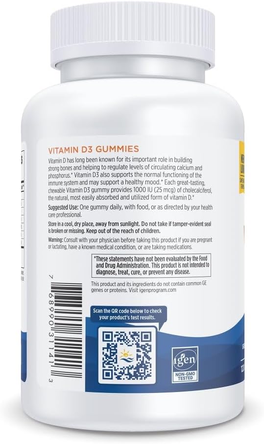Supplement facts label for Vitamin D3 and Iron gummies, dosage instructions and barcode