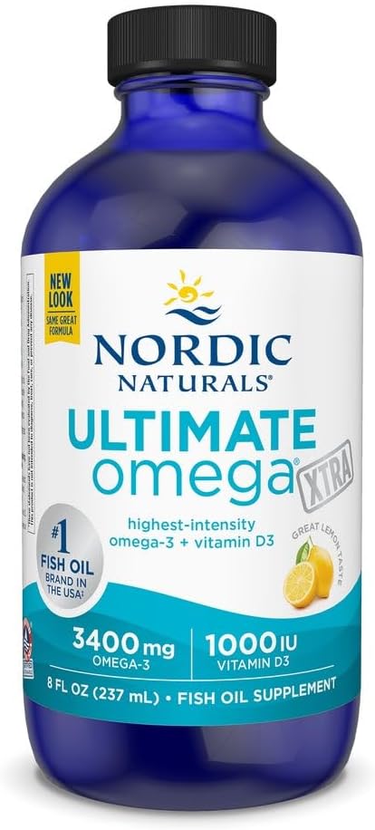 Nordic Naturals Ultimate Omega Xtra Liquid lemon flavor high potency fish oil bottle, 8 oz.