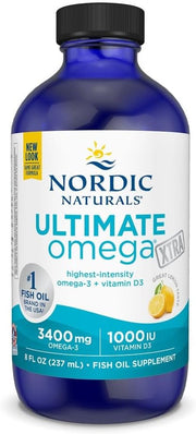 Nordic Naturals Ultimate Omega Xtra Liquid lemon flavor high potency fish oil bottle, 8 oz.