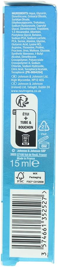 Back of Neutrogena Hydro Boost Eye Cream jar showing ingredients and barcode details.