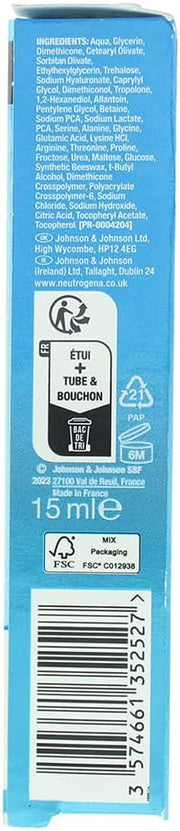 Back of Neutrogena Hydro Boost Eye Cream jar showing ingredients and barcode details.