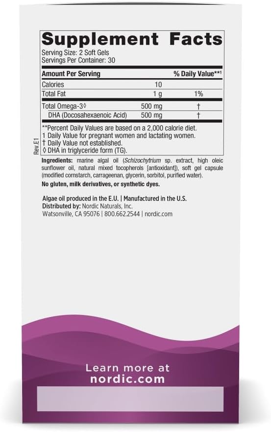 Nordic Naturals Vegan Prenatal DHA 500mg - 60 soft gel supplement facts.