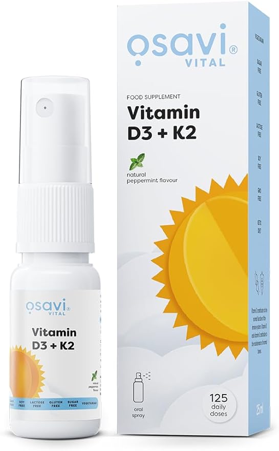 Osavi Vitamin D3 + K2 Oral Spray 25ml bottle & box, peppermint flavour.