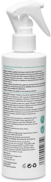 Label of Clinisept+ 250ml Foot Hygiene Spray showing ingredients and barcode.