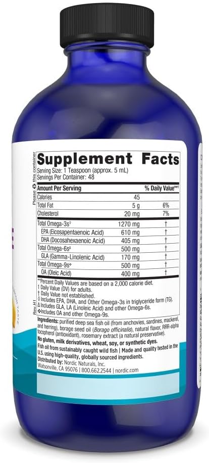 Supplement facts label for complete omega fatty acid liquid blend