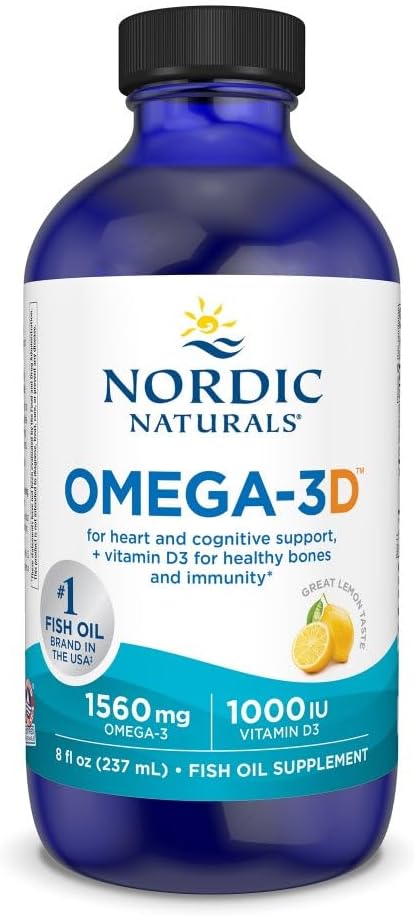 Nordic Naturals Omega-3D Liquid, Lemon with Vitamin D3, 237ml bottle.