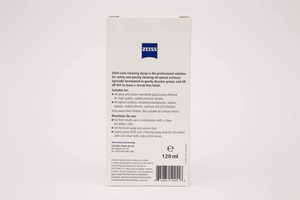 Back of ZEISS Lens Cleaning Spray packaging showing ingredients and safety info.