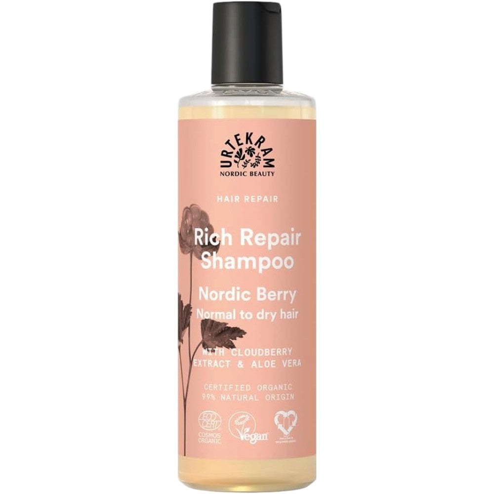 Urtekram Nordic Berry Rich Repair Shampoo, shampoo bottle packaging, fruity berry fragrance, 250ml