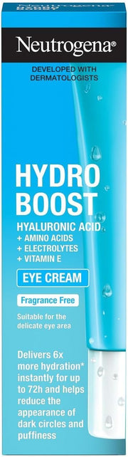 Neutrogena Hydro Boost Eye Awakening Gel-Cream 15ml box tube, blue packaging, on white background.
