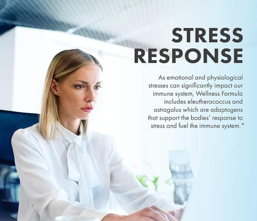 Woman in a white coat sitting at a desk with text about stress response and wellness formula.