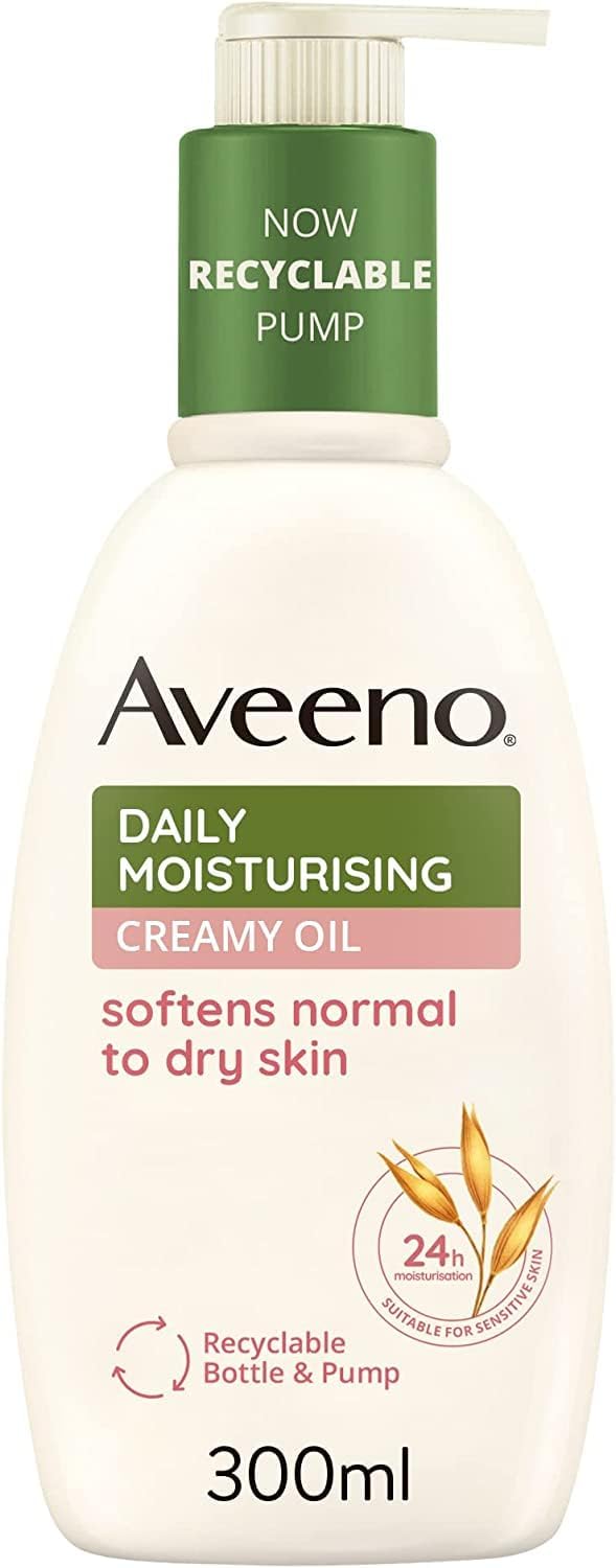 Aveeno Daily Moisturising Creamy Oil pump bottle, 300ml, for sensitive skin.