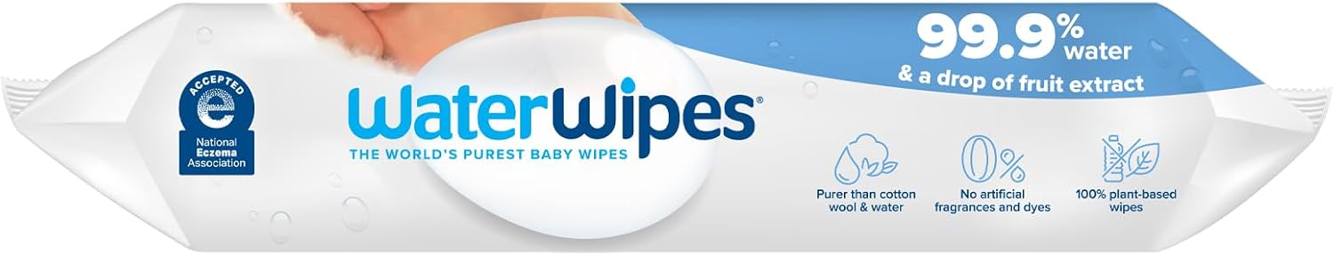 WaterWipes packaging with a hand holding a wipe, showing the brand name and key features.