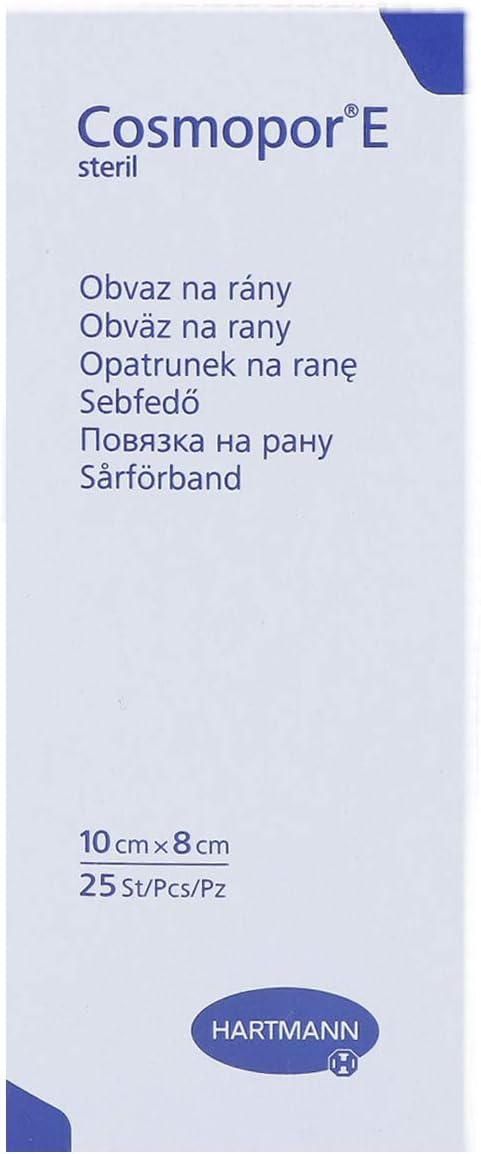 Cosmopor E Sterile Adhesive Dressings box, 10 cm x 8 cm, pack of 25, on white background. Side view
