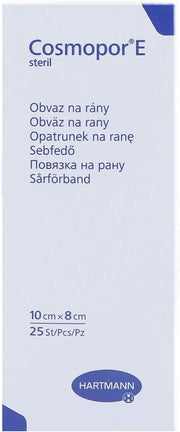 Cosmopor E Sterile Adhesive Dressings box, 10 cm x 8 cm, pack of 25, on white background. Side view