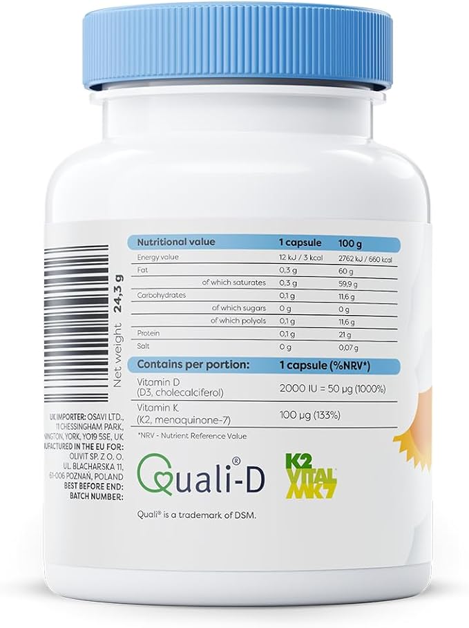 Supplement facts panel and barcode for Osavi D3 K2 complex showing Quali-D and K2VITAL.