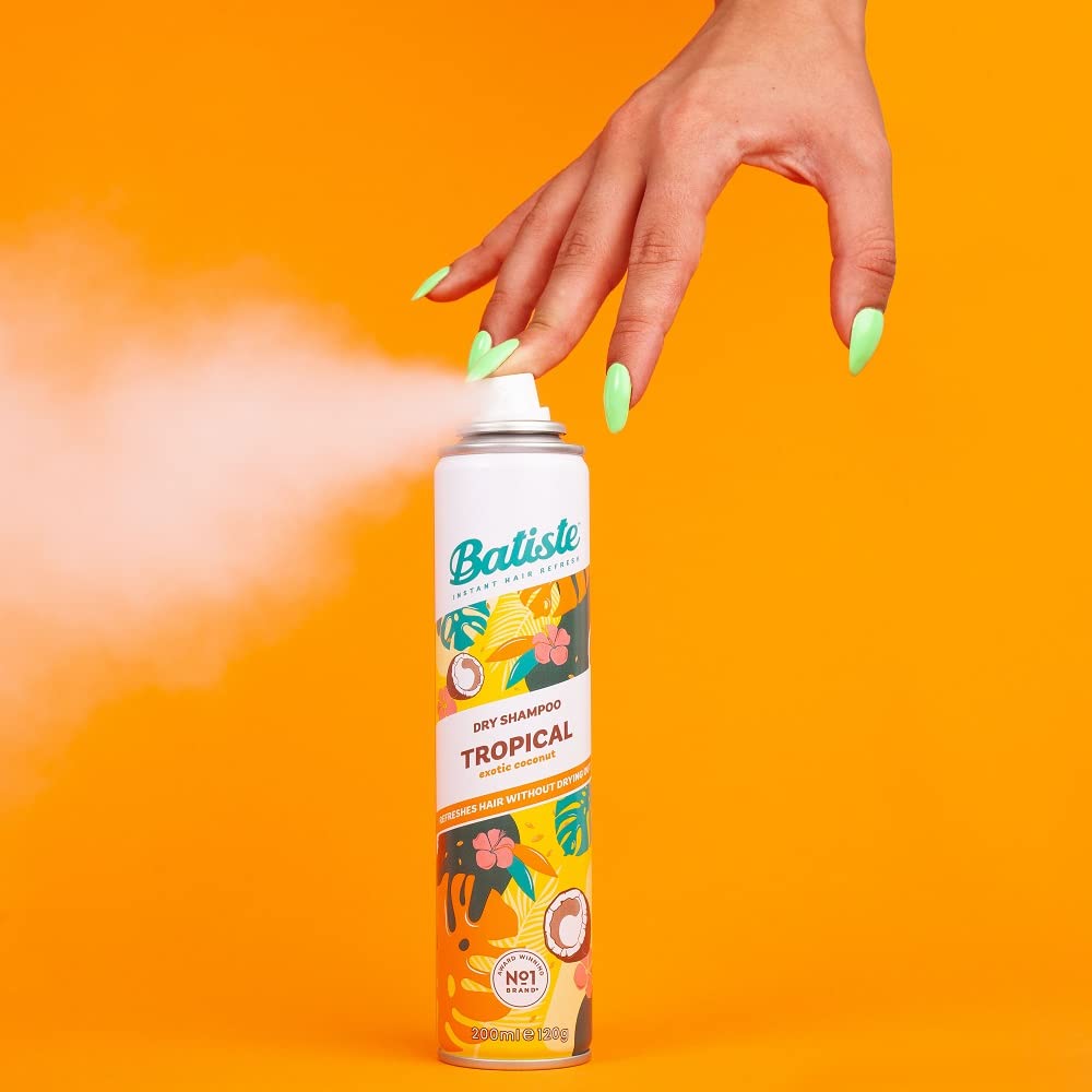 Batiste Dry Shampoo Tropical Exotic Coconut 200ml can, tropical design on spray orange background.