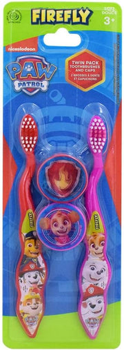 Front image: Firefly Paw Patrol kids toothbrush twin pack plastic handle soft bristles 2 pack