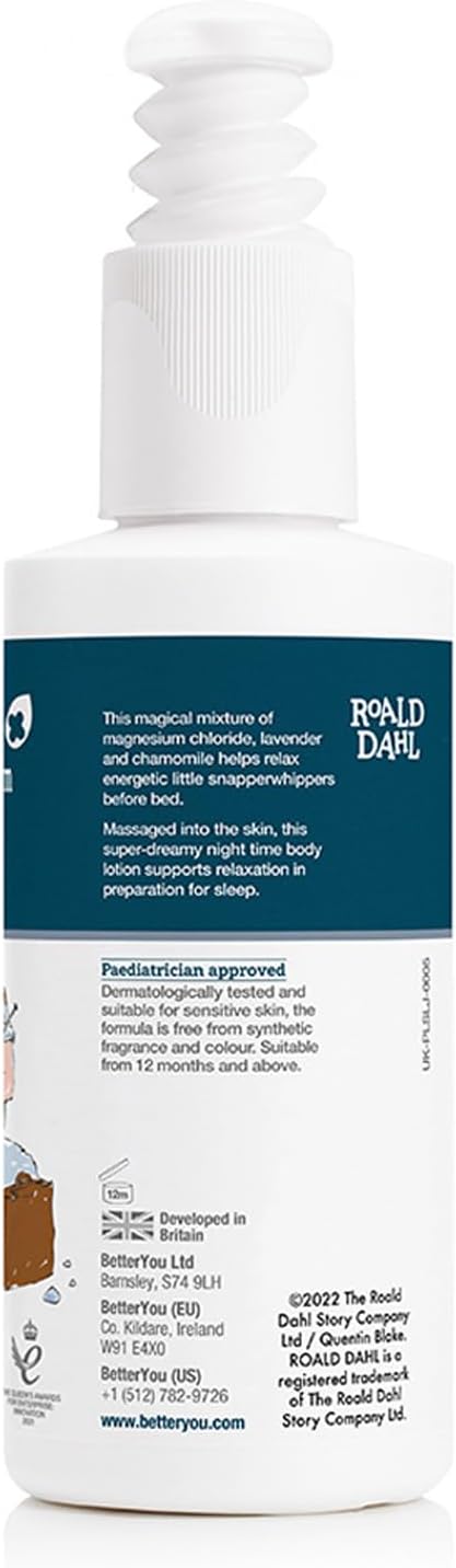 Back label of BetterYou Kids Lotion showing ingredients and child-friendly directions.