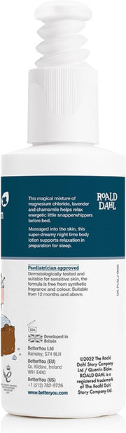 Back label of BetterYou Kids Lotion showing ingredients and child-friendly directions.