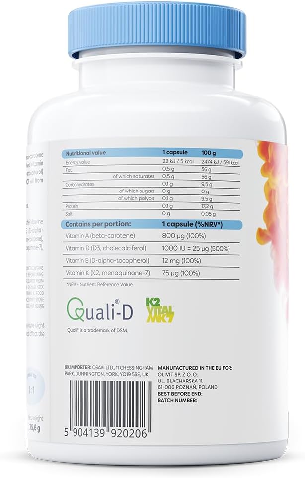 Supplement facts panel and barcode for Osavi Vitamin A, D, E, K complex.