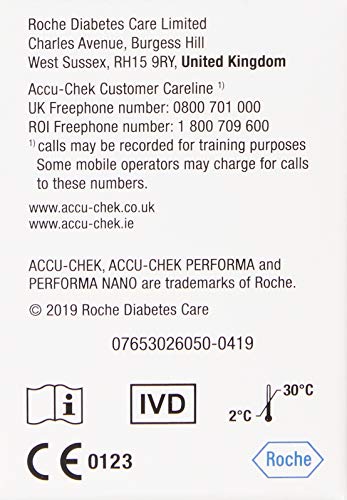 Back of Accu-Chek Performa test strips packaging.