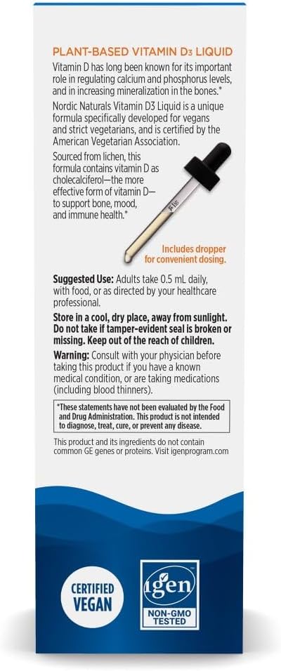 Supplement facts and ingredients for vegan Vitamin D3 liquid.