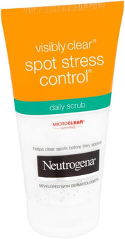 Neutrogena Visibly Clear Daily Scrub 150ml tube, blue and white packaging, isolated on white.