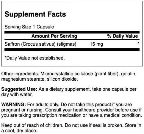 Swanson Saffron bottle showing supplement facts.