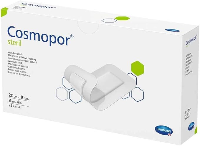 Box of Cosmopor E Extra Large Sterile Adhesive Dressings, 20 cm x 10 cm, pack of 25.