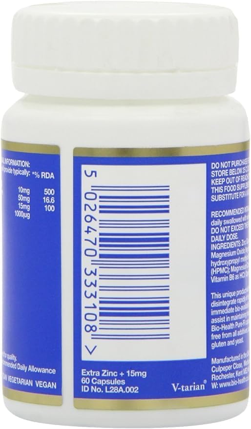 Bio-Health Extra Zinc+ capsules bottle barcode 60 capsules